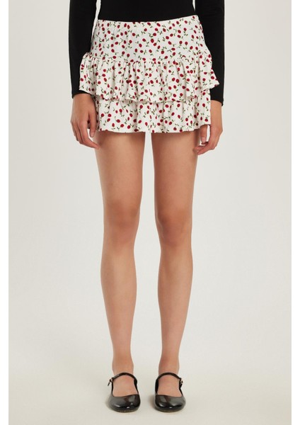 Kadın Slim Fit Dar Kesim Piliseli Baskılı Mini Etek