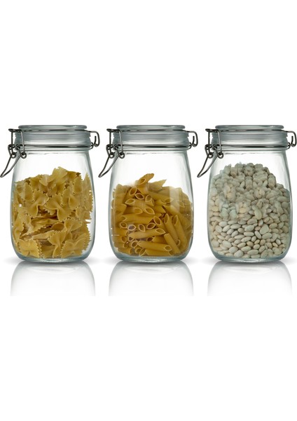 3'lü Korken Kavanoz 1000 ml Vakumlu Kilitli Cam Saklama Kavanozu