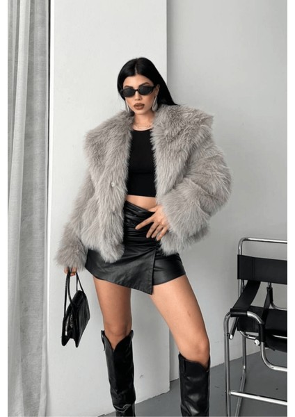 Kadın Suni Kürk Mont – Şal Yaka, Kruvaze, Çift Çıtçıtlı, Uzun Kollu, Kalın, Rahat Kalıp fırsatları