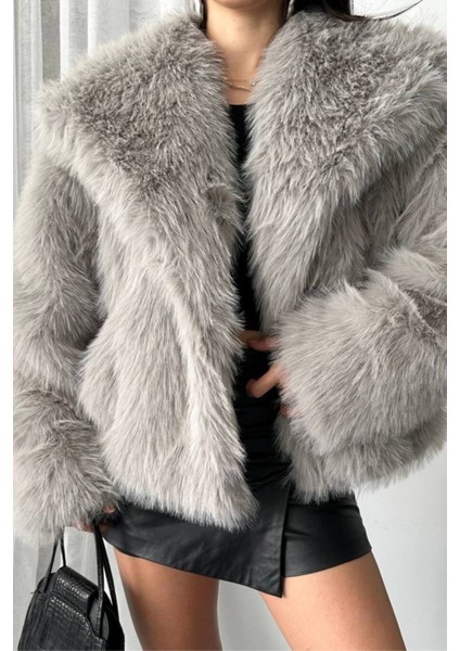Kadın Suni Kürk Mont – Şal Yaka, Kruvaze, Çift Çıtçıtlı, Uzun Kollu, Kalın, Rahat Kalıp