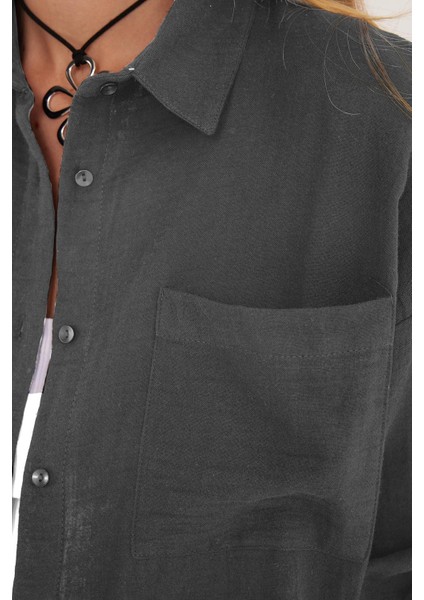 Kadın Oversize Geniş Kesim %100 Pamuk Müslin Kumaş Uzun Kollu Cepli Dokulu Koyu Gri Gömlek modelleri