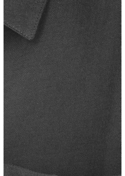 Kadın Oversize Geniş Kesim %100 Pamuk Müslin Kumaş Uzun Kollu Cepli Dokulu Koyu Gri Gömlek