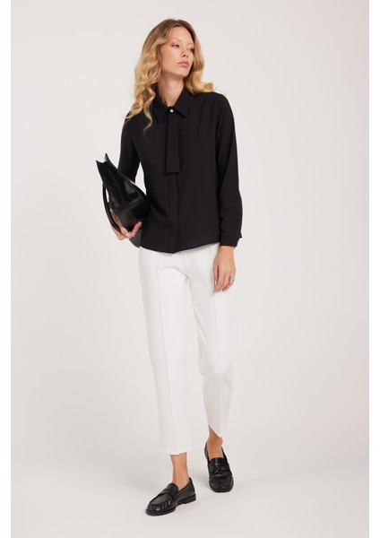 Kadın Standart Fit Normal Kesim Fiyonklu Siyah Gömlek modelleri