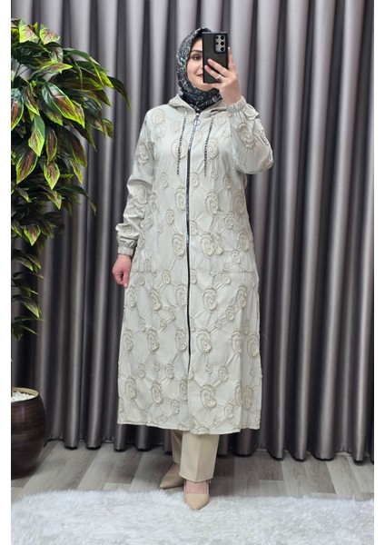 Kadın Tesettür Giyim Büyük Beden Paraşüt Kapşonlu Trenç Kap