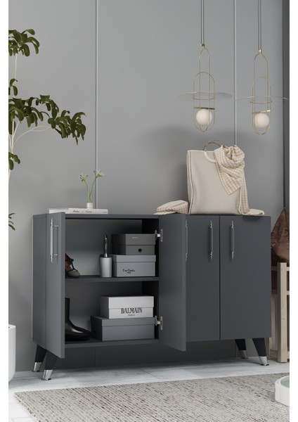 8190KM-128CT Konsol,kahve Köşesi,ayakkabılık,ofis Evrak Dolabı,mutfak Kiler Dolabı,tv Ünitesi-Antrasit-Gümüş