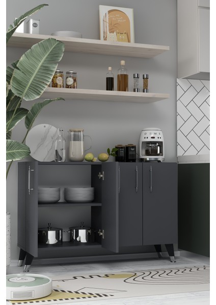 8190KM-128CT Konsol,kahve Köşesi,ayakkabılık,ofis Evrak Dolabı,mutfak Kiler Dolabı,tv Ünitesi-Antrasit-Gümüş