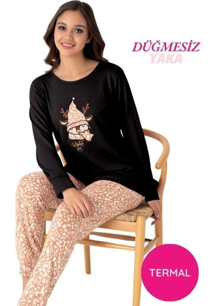 Kadın Bisiklet Yaka Düğmesiz Bilekler Lastikli/jogger Yumuşak Termal Kışlık Pijama Takımı