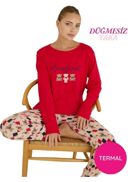 Kadın Bisiklet Yaka Düğmesiz Bilekler Lastikli/jogger Yumuşak Termal Kışlık Pijama Takımı