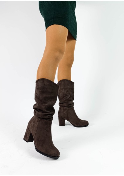 Süet Kahve Renk Kalın Topuklu Körüklü Kadın Diz Altı Çizme fiyatları