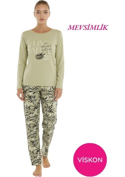 Kadın Desenli Bisiklet Yaka Düğmesiz Mevsimlik Likra Viskon Uzun Kollu Pijama Takımı