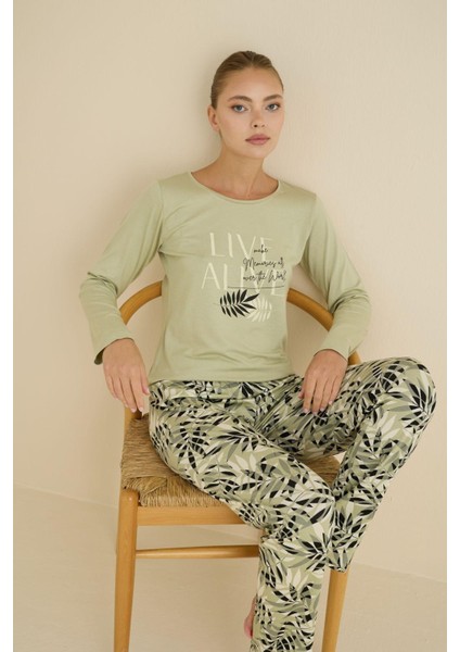 Kadın Desenli Bisiklet Yaka Düğmesiz Mevsimlik Likra Viskon Uzun Kollu Pijama Takımı indirimleri