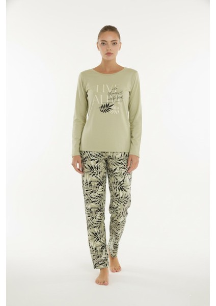 Kadın Desenli Bisiklet Yaka Düğmesiz Mevsimlik Likra Viskon Uzun Kollu Pijama Takımı