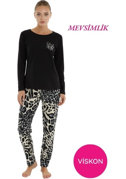 Kadın Desenli Bisiklet Yaka Düğmesiz Mevsimlik Likra Viskon Uzun Kollu Pijama Takımı