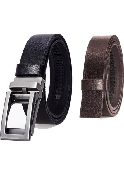 Otomatik Tokalı Deliksiz %100 Hakiki Manda Derisi Klasik Erkek Kemeri ve Kahverengi Şerit