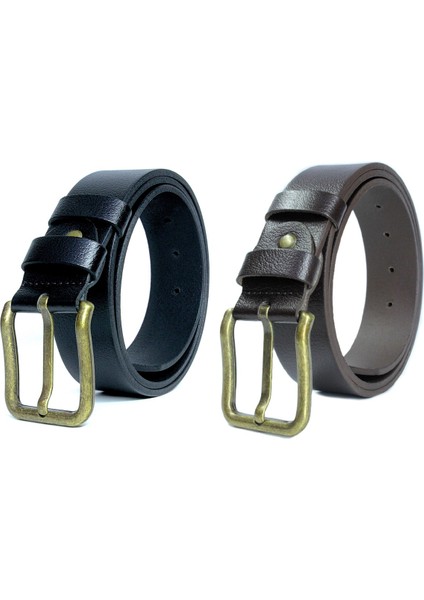 2'li %100 Erkek Kemer Sarı Tokalı 4cm