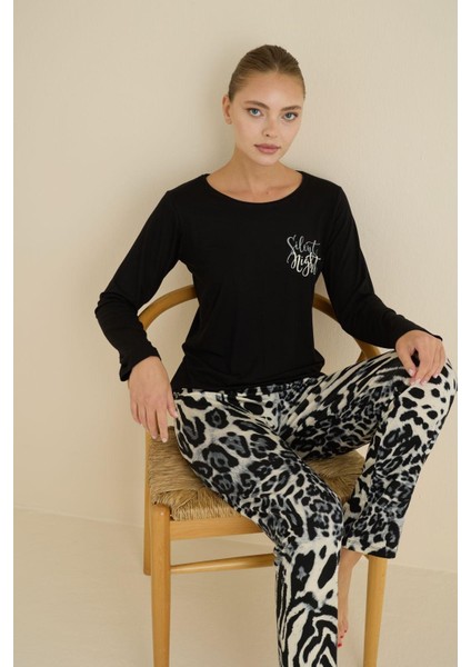 Kadın Desenli Bisiklet Yaka Düğmesiz Mevsimlik Likra Viskon Uzun Kollu Pijama Takımı fırsatları