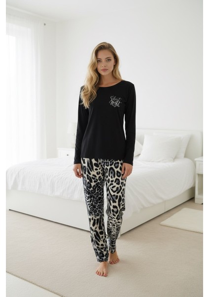 Kadın Desenli Bisiklet Yaka Düğmesiz Mevsimlik Likra Viskon Uzun Kollu Pijama Takımı indirimleri