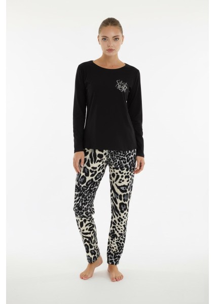 Kadın Desenli Bisiklet Yaka Düğmesiz Mevsimlik Likra Viskon Uzun Kollu Pijama Takımı