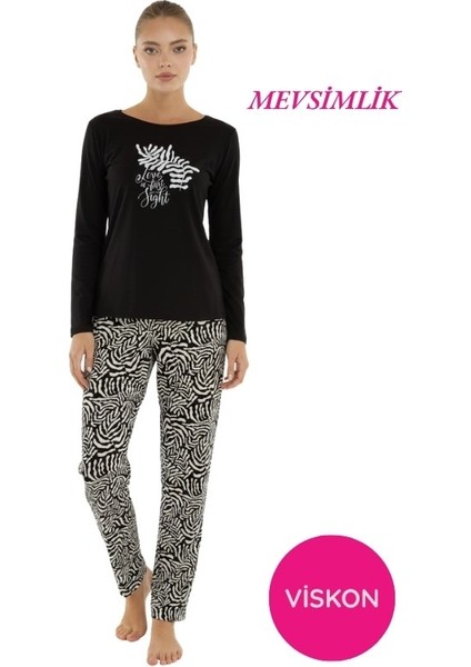 Kadın Desenli Bisiklet Yaka Düğmesiz Mevsimlik Likra Viskon Uzun Kollu Pijama Takımı