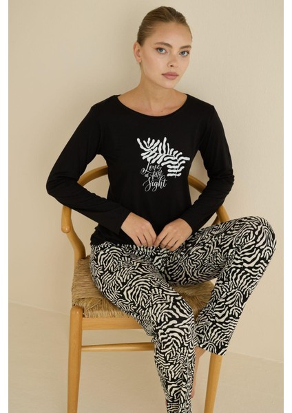 Kadın Desenli Bisiklet Yaka Düğmesiz Mevsimlik Likra Viskon Uzun Kollu Pijama Takımı fırsatları