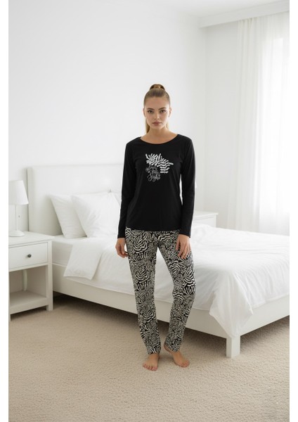 Kadın Desenli Bisiklet Yaka Düğmesiz Mevsimlik Likra Viskon Uzun Kollu Pijama Takımı indirimleri