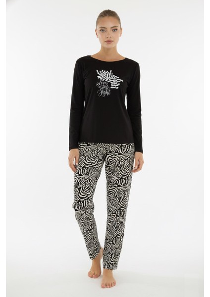 Kadın Desenli Bisiklet Yaka Düğmesiz Mevsimlik Likra Viskon Uzun Kollu Pijama Takımı