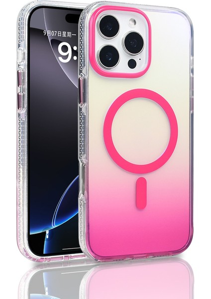 Apple iPhone 16 Pro Max Kılıf M-Safe Şarj Özellikli Transparan Renk Geçişli Prl Toros Kapak - Rose Pembe
