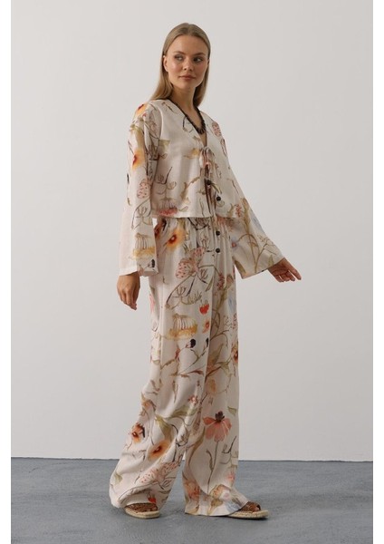 Çiçek Desen Önü Bağlamalı Pantolon Takım - Taş modelleri