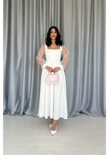 Beyaz Kolları Organze Kuplu Elbise fiyatları