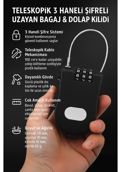 Teleskopik 50 mm Uzayan Şifreli 3 Haneli Dolap Bagaj Kilidi Asma Kilit CIN816SY