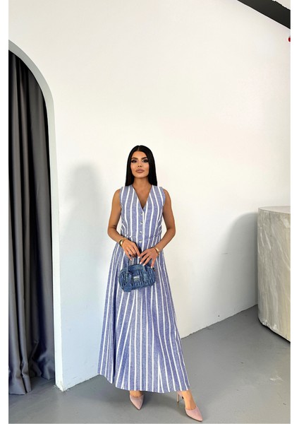 Keten Çizgili Yelek - Uzun Etek Takım - Mavi