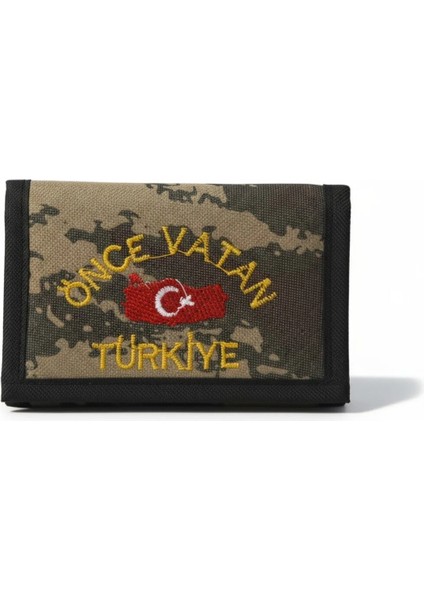 Yeşil Önce Vatan Nakışlı Kamuflaj Desenli Fermuarlı Boyuna Asılabilen Askeri Cüzdan modelleri