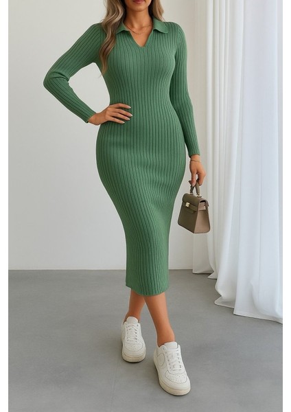 Kadın Uzun Kollu Yakalı Triko Elbise modelleri