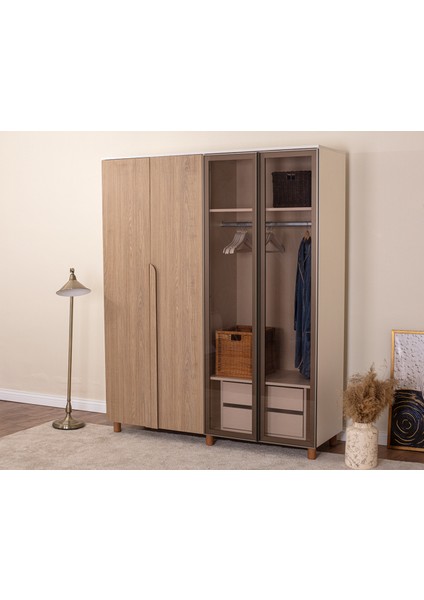 İtra 4 Kapaklı Gardırop – Krem Gövde, Meşe MDFLAM Camlı Kapak