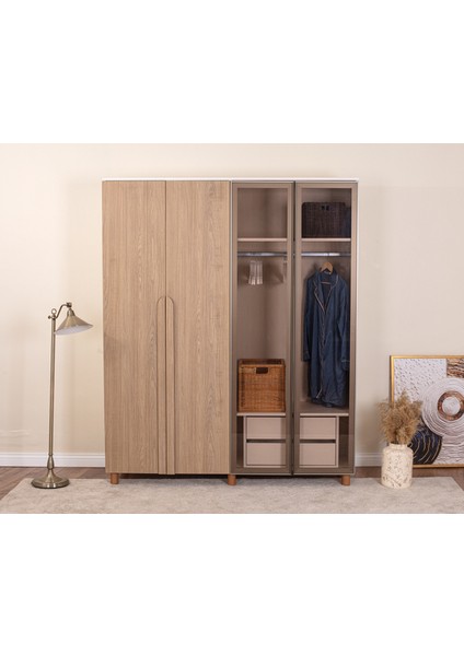 İtra 4 Kapaklı Gardırop – Krem Gövde, Meşe MDFLAM Camlı Kapak modelleri