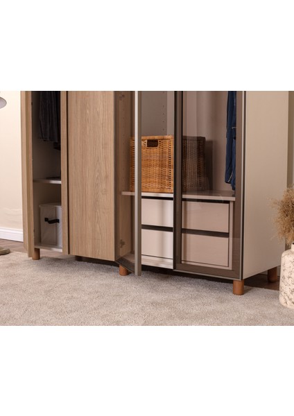 İtra 4 Kapaklı Gardırop – Krem Gövde, Meşe MDFLAM Camlı Kapak fırsatları