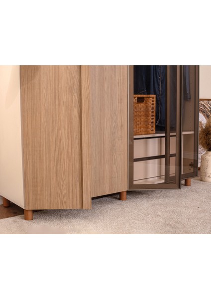 İtra 4 Kapaklı Gardırop – Krem Gövde, Meşe MDFLAM Camlı Kapak