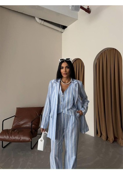 Çizgili Ceket Keten - Mavi