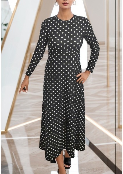 Kadın Siyah Tam Boy Beyaz Puantiyeli Elbise
