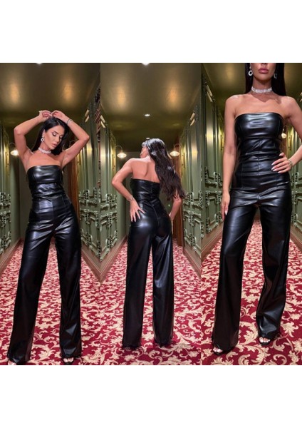 Kadın Likralı Deri Straplez Tulum