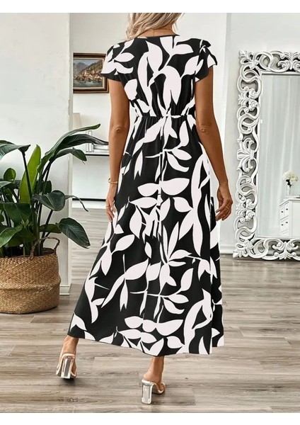 Kadın Kısa Kelebek Kollu Kruvaze Yaka Desenli Süprem Elbise fırsatları