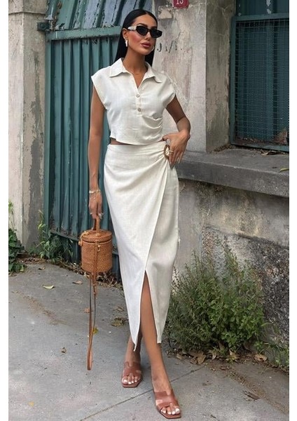 Bluzu Büzgülü ve Eteği Tokalı Keten Takım 10204 indirimleri