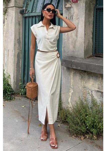 Bluzu Büzgülü ve Eteği Tokalı Keten Takım 10204