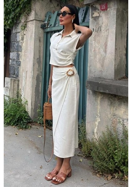 Bluzu Büzgülü ve Eteği Tokalı Keten Takım 10204