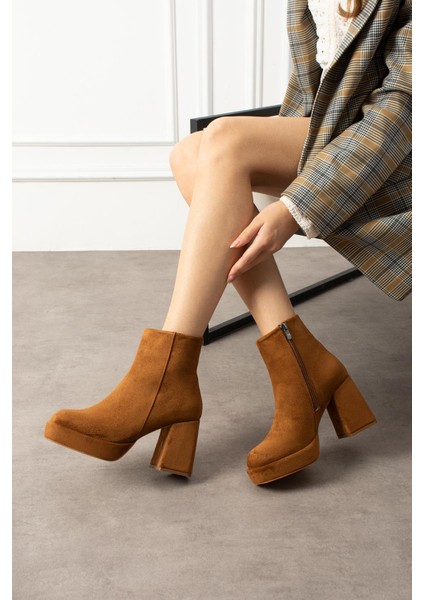 Zoranta Kadın Bot Fermuarlı Platformlu Taba Süet