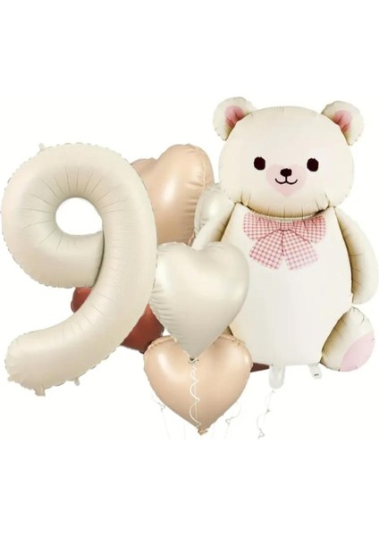 Krem Renk Papyonlu Ayı Doğum Günü Partisi Konsepti - Bej, Krem ve Çikolata Renk Kalp Balon-Yaş Günü