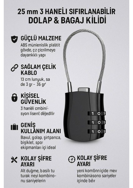 25 mm 3 Haneli Sıfırlanabilir 13 cm Dolap Bagaj Çanta Kilidi Asma Kilit CIN540SY