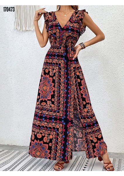 Kadın Kısa Kollu V Yakalı Deseni Yırtmaçlı Süprem Elbise modelleri