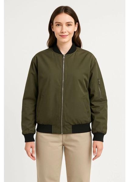 Içi Astarlı Fermuarlı Bomber Mont Ceket - Haki modelleri