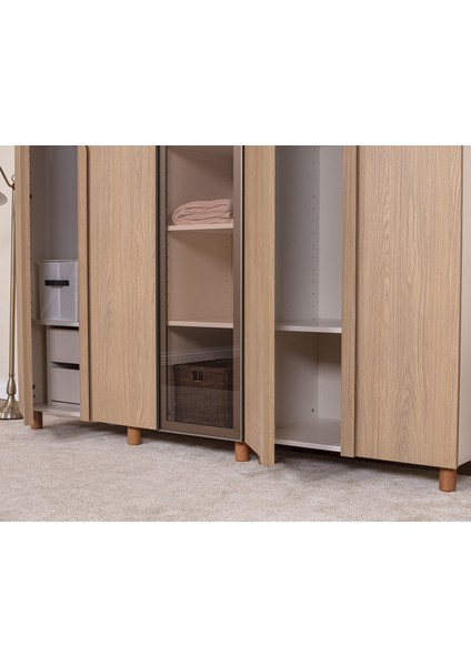 İtra 5 Kapaklı Gardırop – Krem Gövde, Meşe MDFLAM Camlı Kapak fırsatları